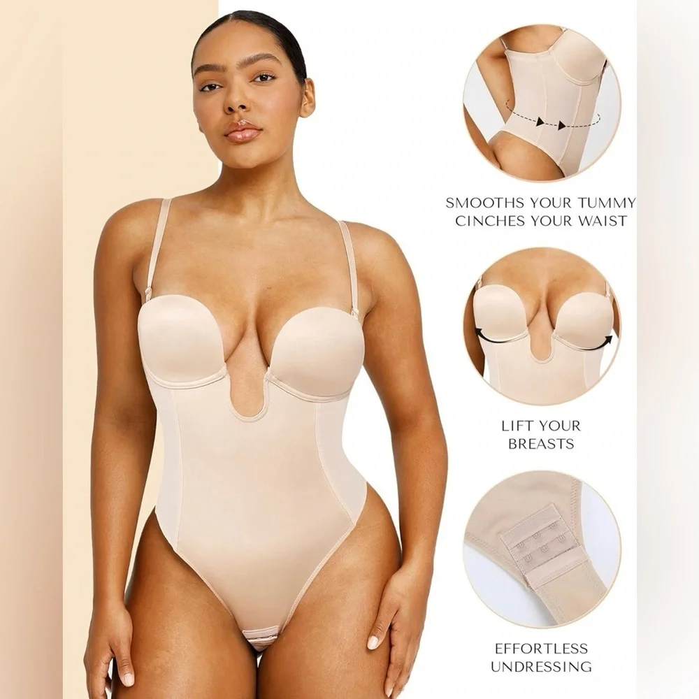 SHAPELLX strapless shapewear bodysuit U plunge corset backless tummy control